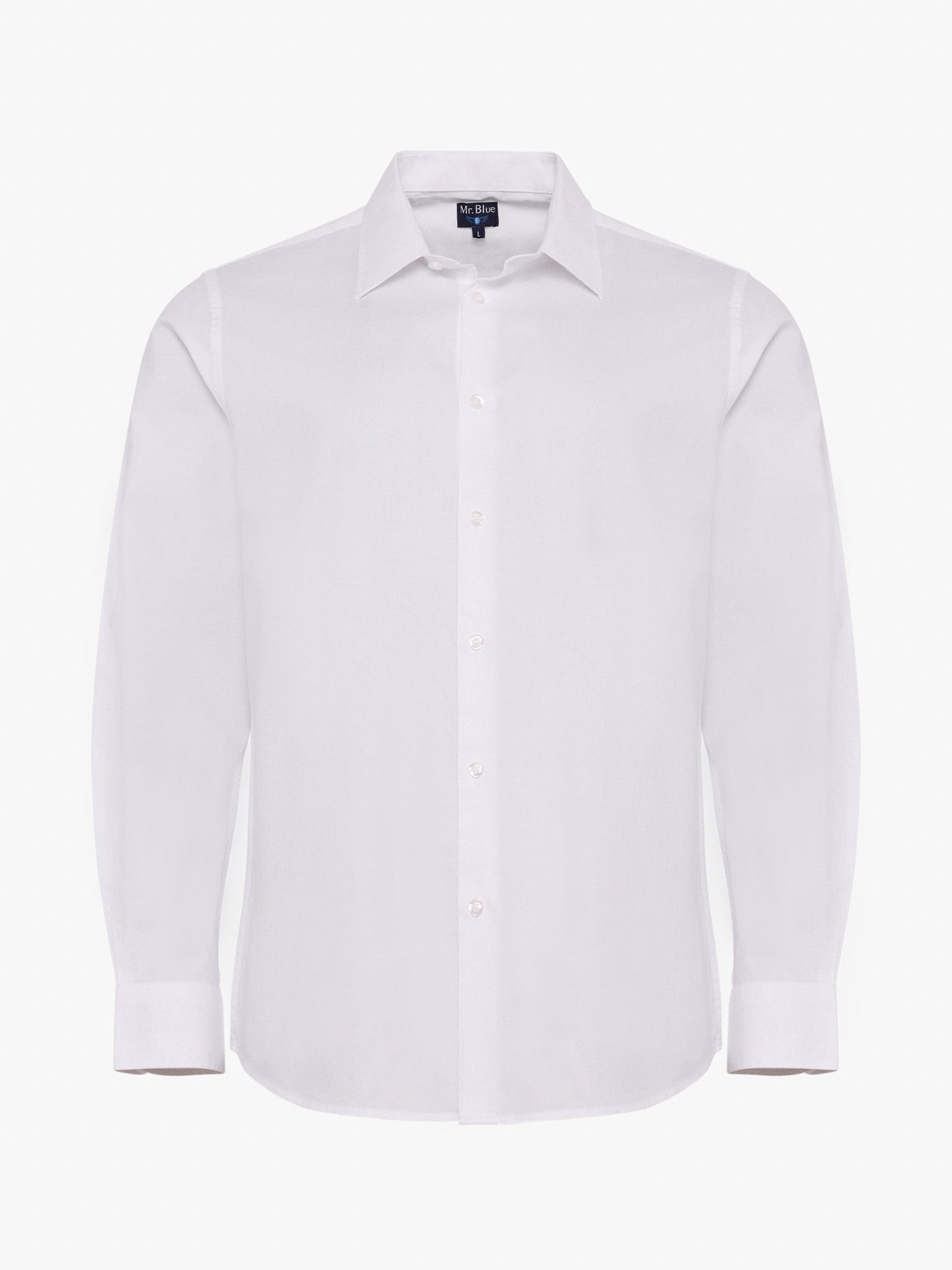 WHITE COTTON LONG SLEEVE SLIM FIT MR SHIRT. BLUE