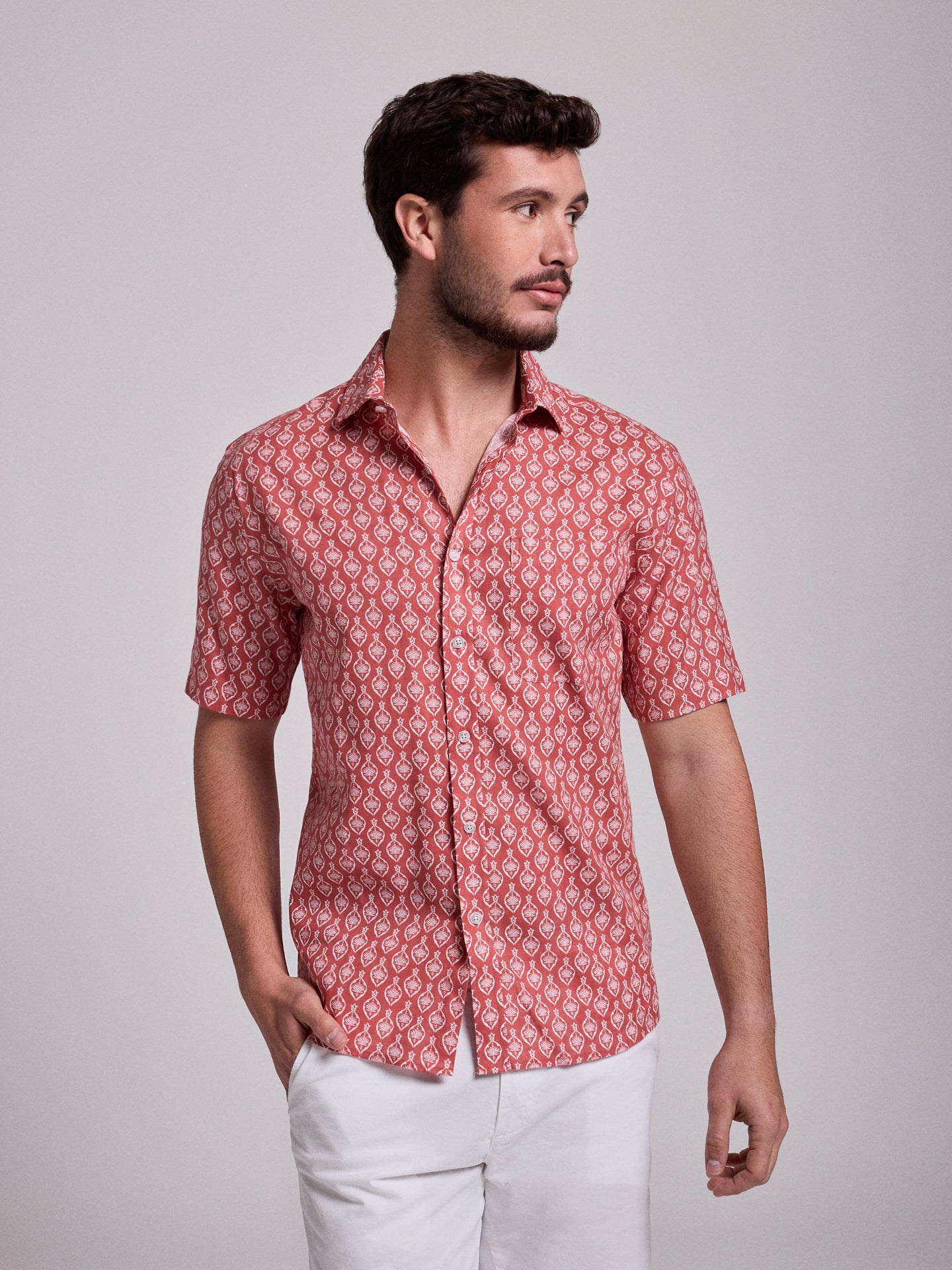 CAMISA LINO ROJA MANGA CORTA REGULAR FIT MR. AZUL