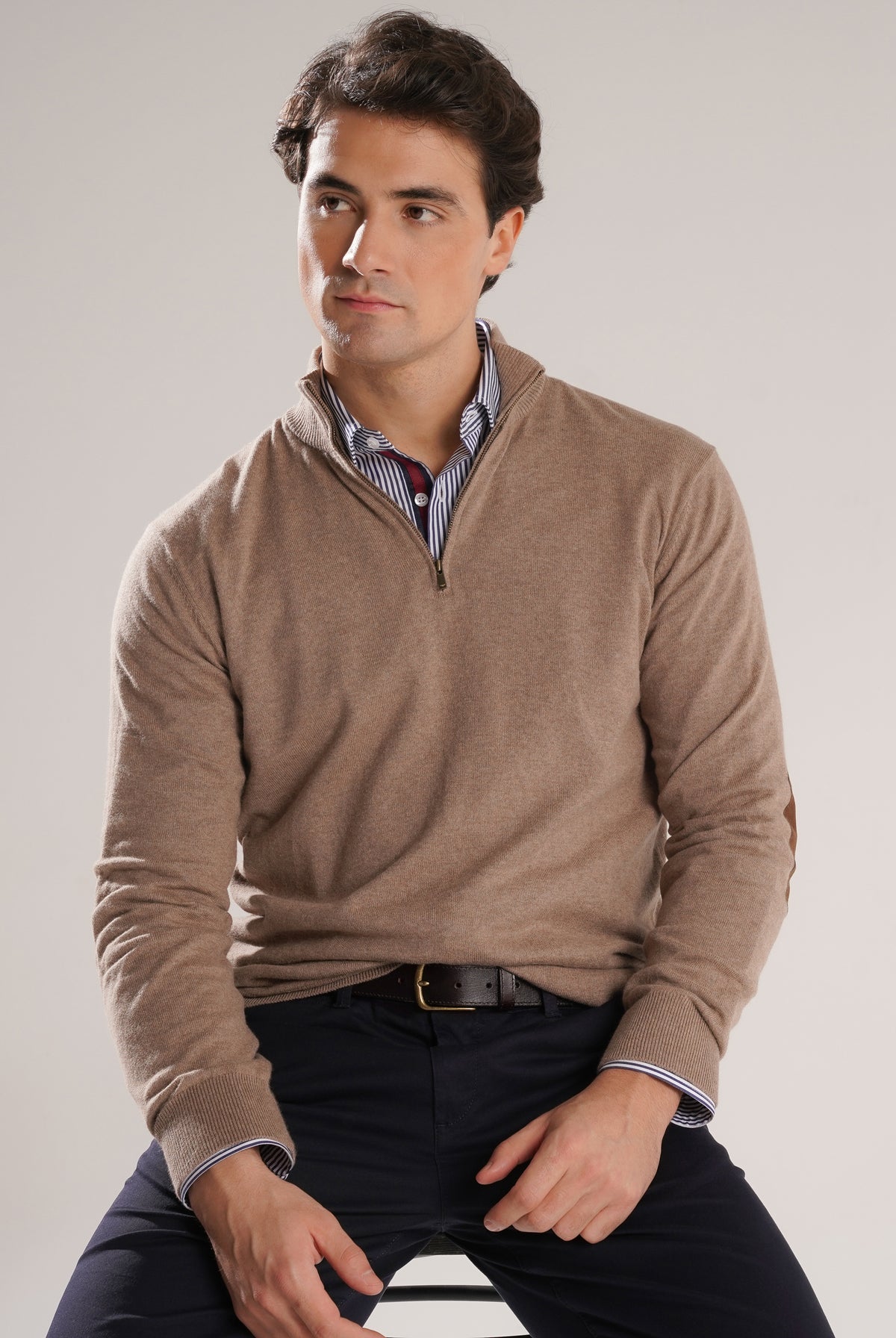 BEIGE PULLOVER WITH REGULAR FIT MR ELBOW PADS. BLUE
