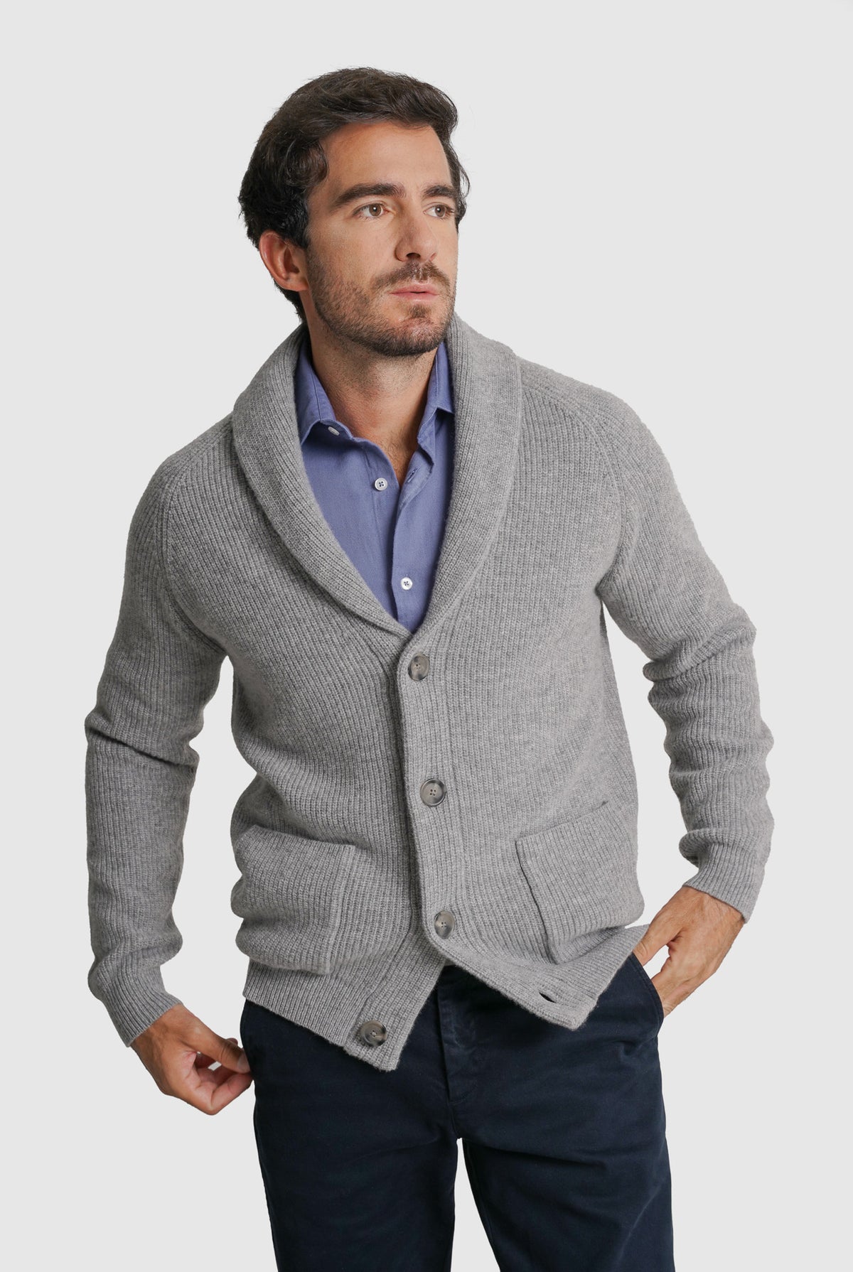 CARDIGAN LÃ MERINO REGULAR FIT CINZENTO LISO MARK BELLUCCI