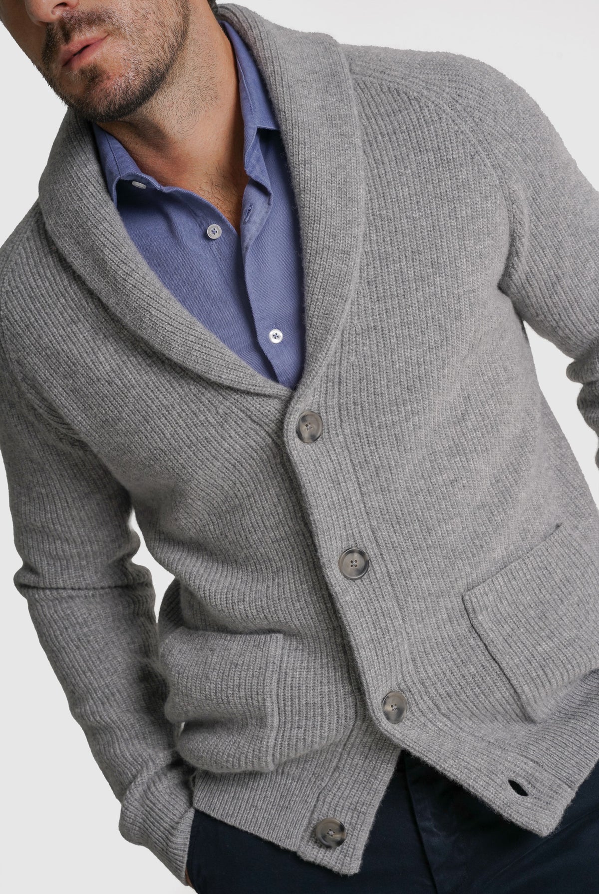 CARDIGAN LÃ MERINO REGULAR FIT CINZENTO LISO MARK BELLUCCI