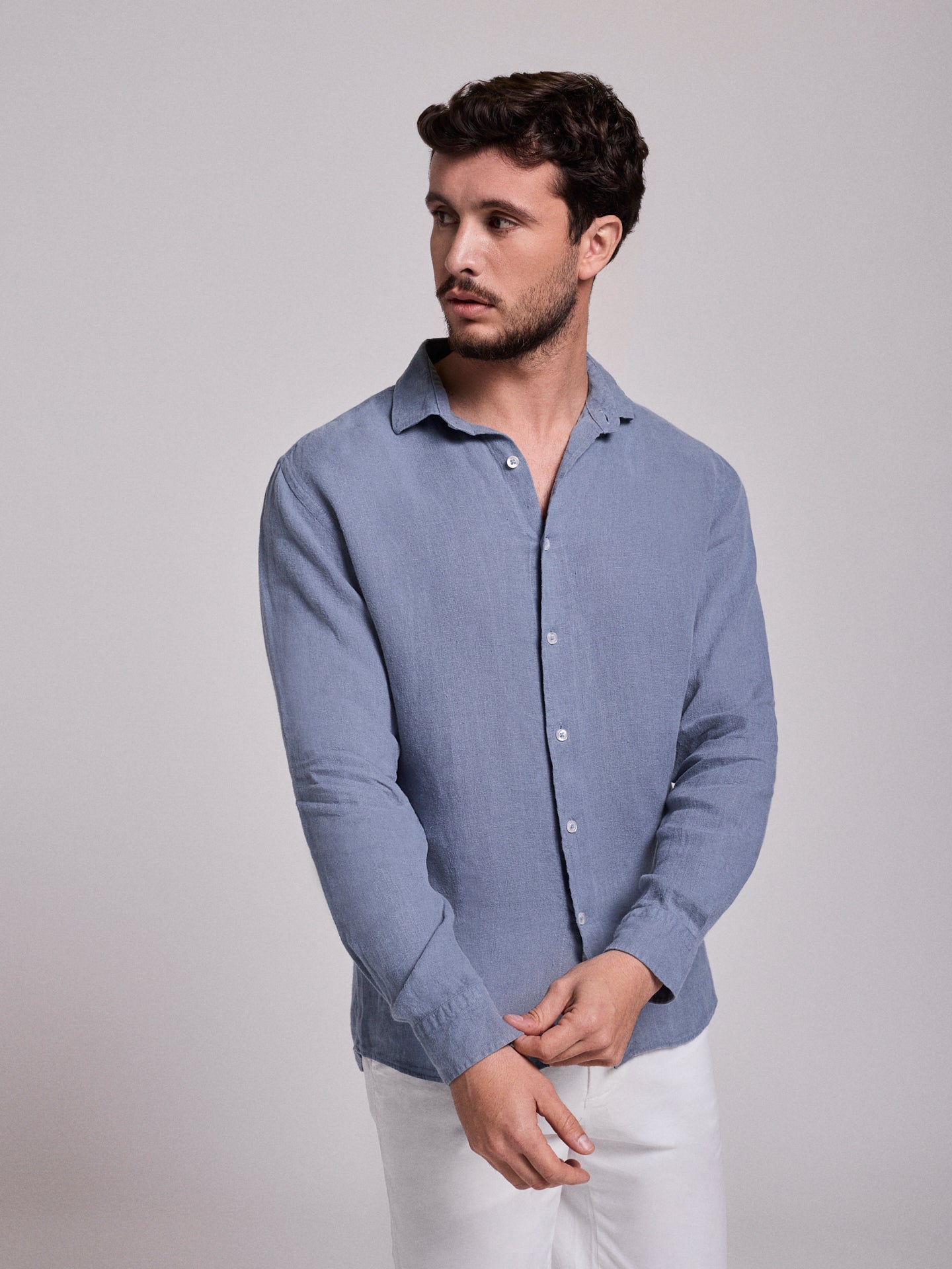BLUE LINEN SHIRT LONG SLEEVE TAILORED FIT MARK BELLUCCI