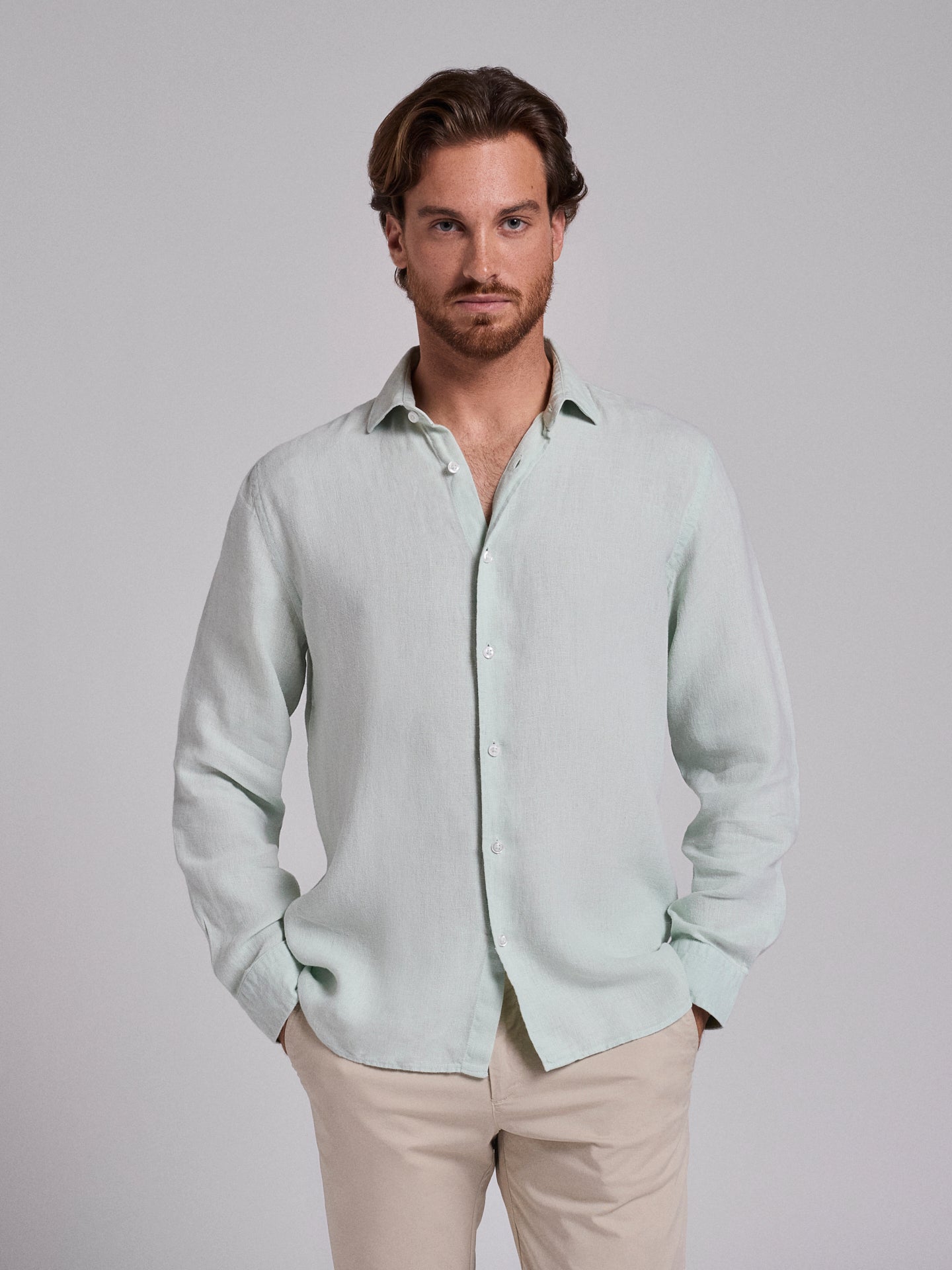 GREEN LINEN SHIRT LONG SLEEVE TAILORED FIT MARK BELLUCCI