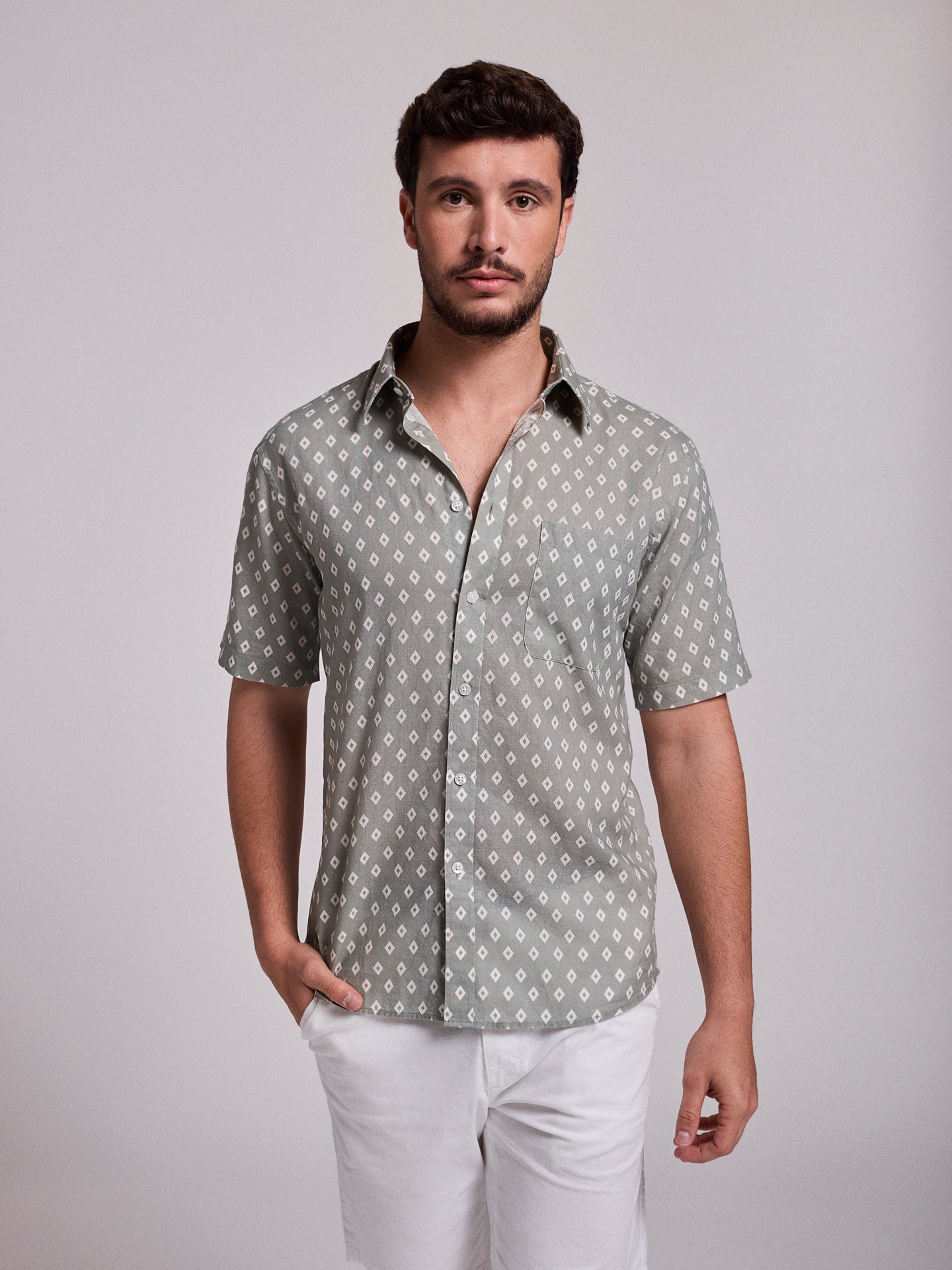 GREEN LINEN SHIRT SHORT SLEEVE REGULAR FIT MR. BLUE
