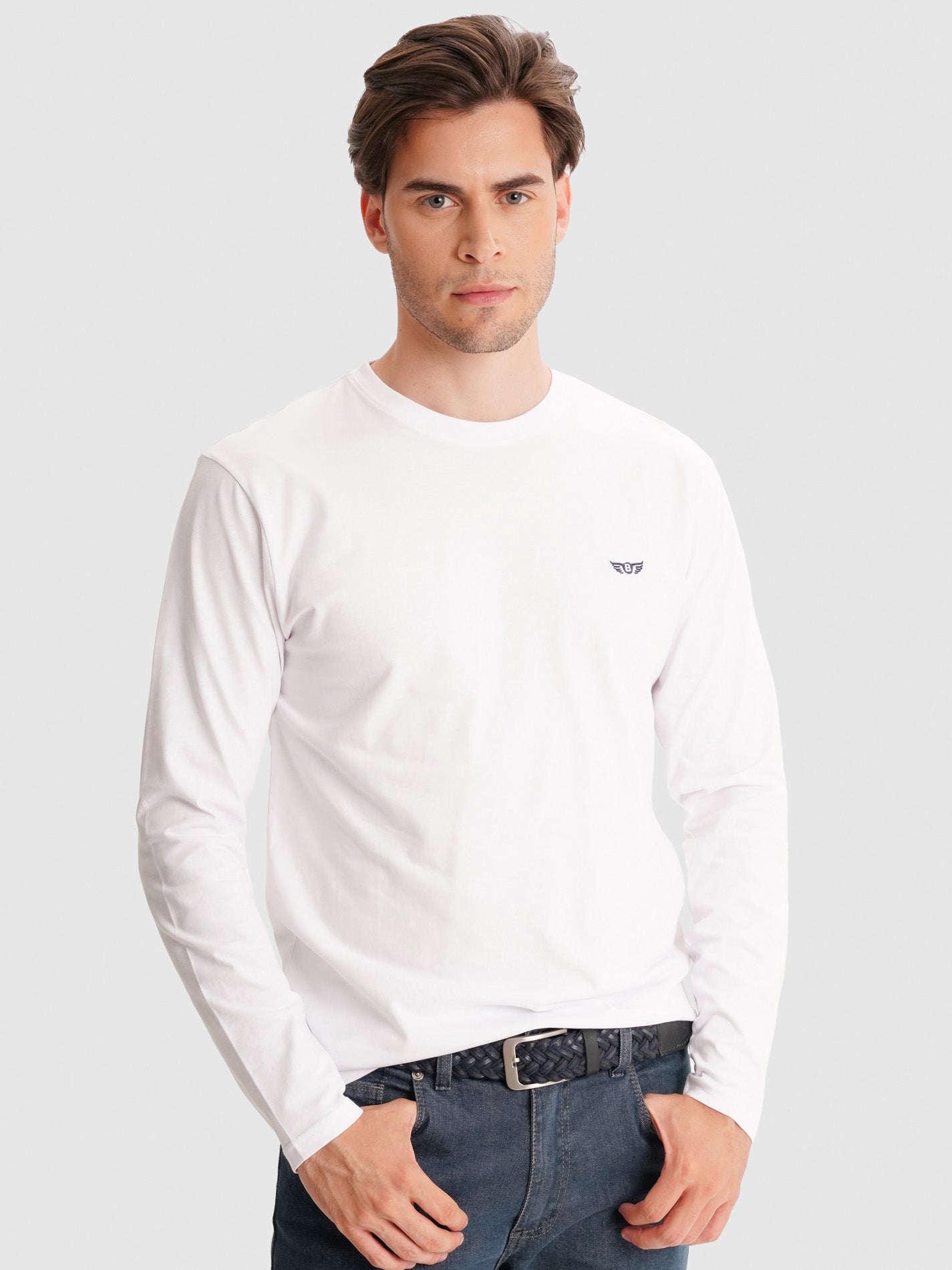 WHITE COTTON T-SHIRT LONG SLEEVE REGULAR FIT MR. BLUE