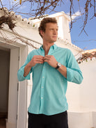 Camisa Regular Fit Lino Azul Mr. Blue